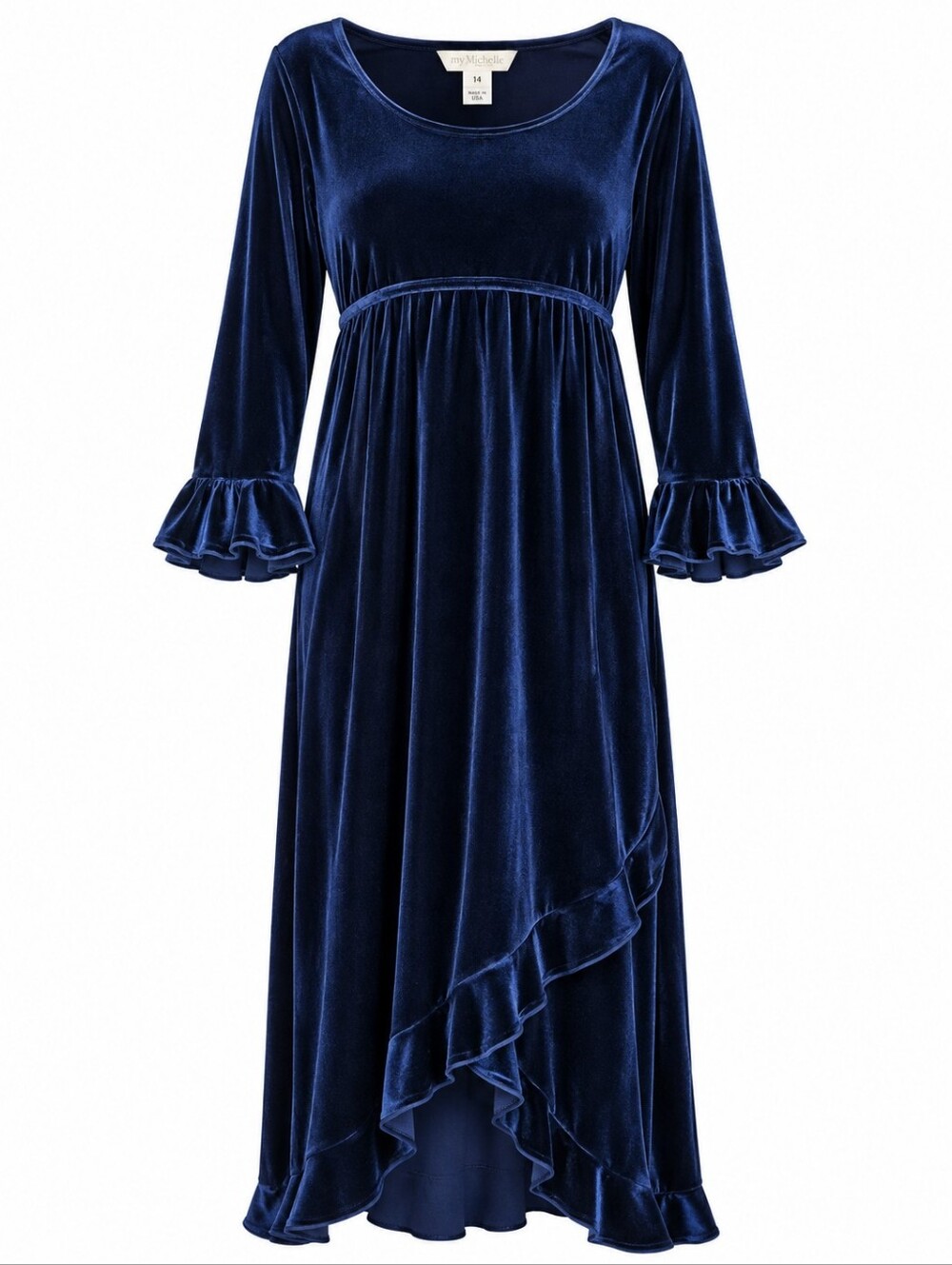 MY MICHELLE | Navy Blue Velvet Empire Waist Tulip Ruffle Long Sleeve Dress | 14